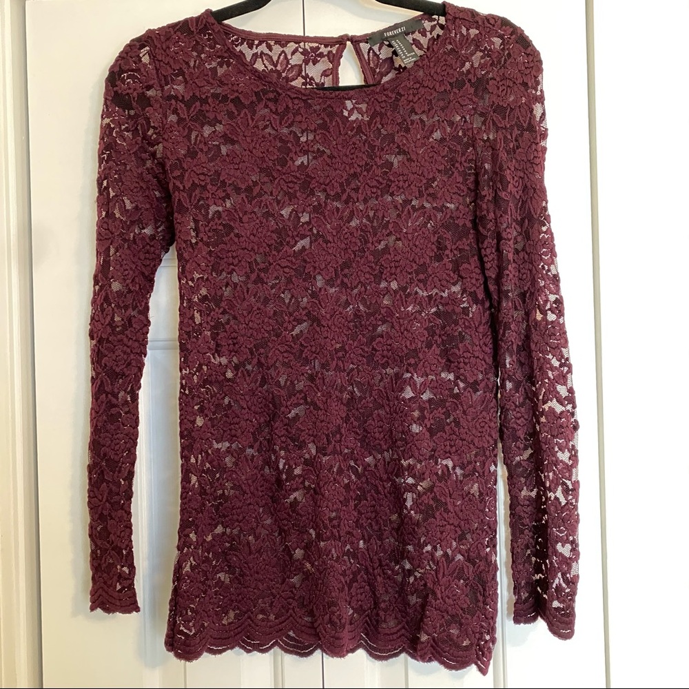 Forever 21 Dark Purple Lace Long Sleeve Blouse - M